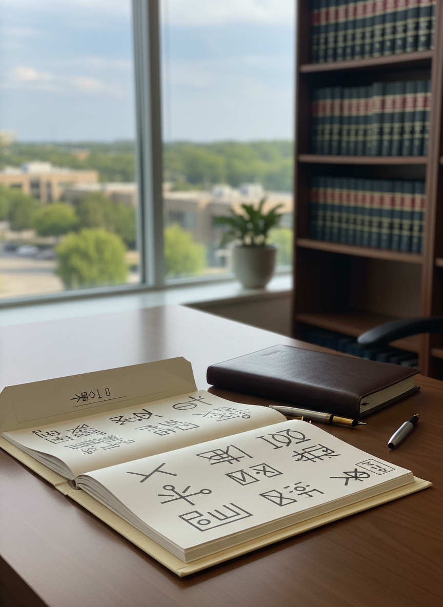 A neatly organized walnut desk in a modern Ontario law office, featuring an open, thick-paper legal folder labeled only with abstract symbols instead of words, alongside a closed leather-bound planner and a sleek fountain pen resting diagonally. A large window reveals a softly blurred suburban skyline reminiscent of Vaughan, with low-rise buildings and mature trees. Diffused afternoon daylight fills the room, creating gentle reflections on the desk’s satin finish and a calm, professional atmosphere. Shot at eye level with a moderate depth of field so the documents are in crisp focus while shelves of law books and a discrete potted plant fade into a soft bokeh. The composition is clean and uncluttered, in photographic realism, avoiding any sense of staged stock imagery.