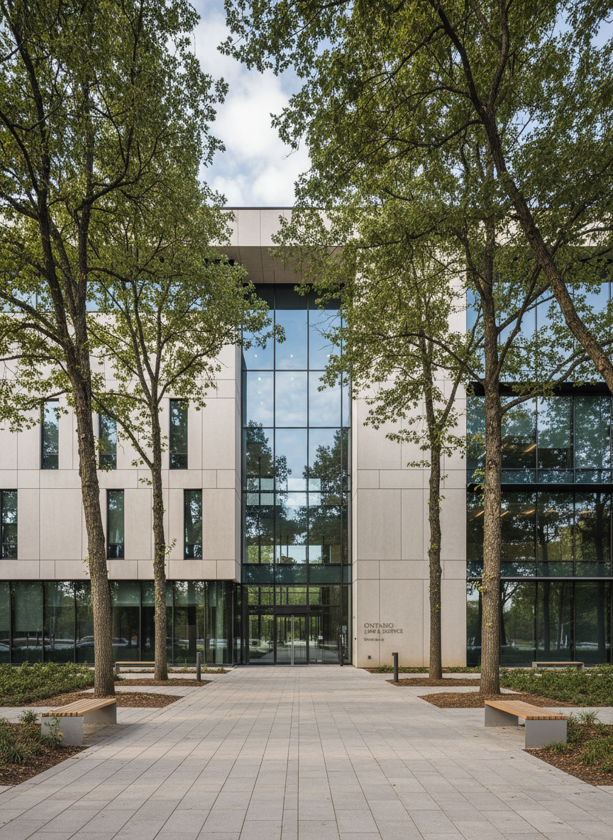 A photographic view of an Ontario-style courthouse exterior with clean architectural lines, wide stone steps, and clear signage, captured on an overcast day to avoid harsh shadows. The building is framed to suggest formality and stability without showing identifiable people or logos. The calm, neutral tones and balanced composition convey a sense of orderly legal process and structured support for estate and contract matters.