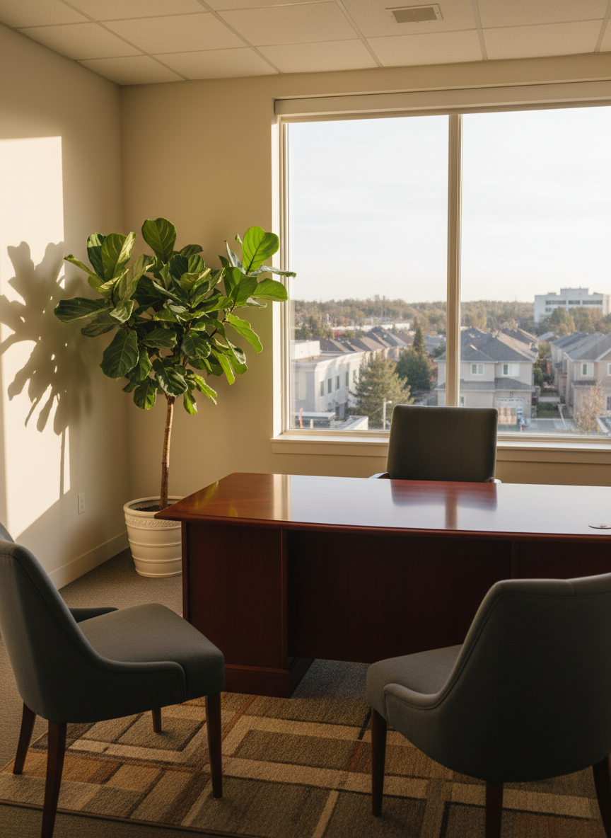 A small group meeting in a modern law office consultation room, with a lawyer and clients seated around a table in soft focus, emphasizing calm discussion rather than specific people. Neutral tones, natural light, and simple furnishings create a professional but approachable atmosphere, suggesting a low-pressure, 30-minute conversation about wills, estates, or contracts.