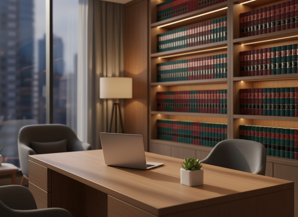 A bright, organized law office interior with a clean desk, comfortable seating, and built-in shelving holding a small number of neatly arranged reference books and decor. No files or paperwork are visible. Soft, even lighting and a balanced composition create a calm, methodical setting that suggests focused, one-on-one guidance through estate planning and contract questions.