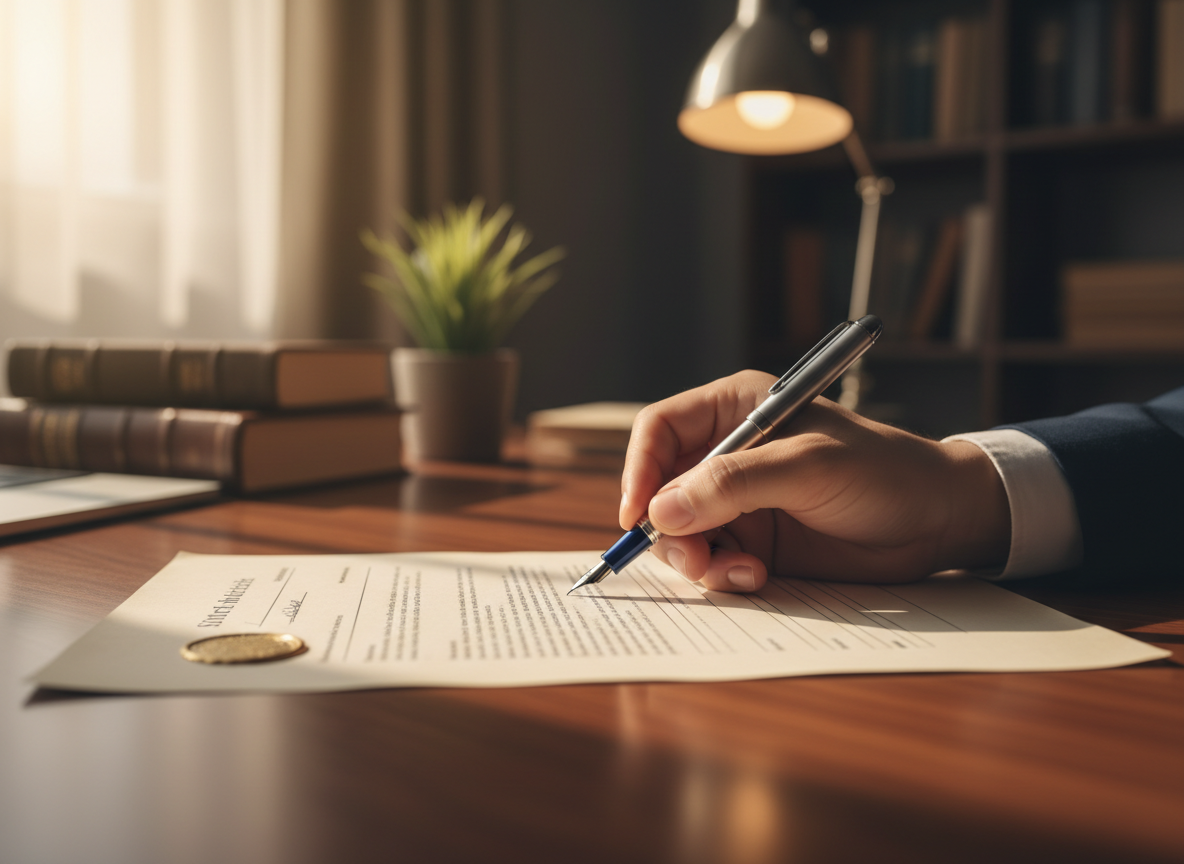 A person signing a will document at a desk