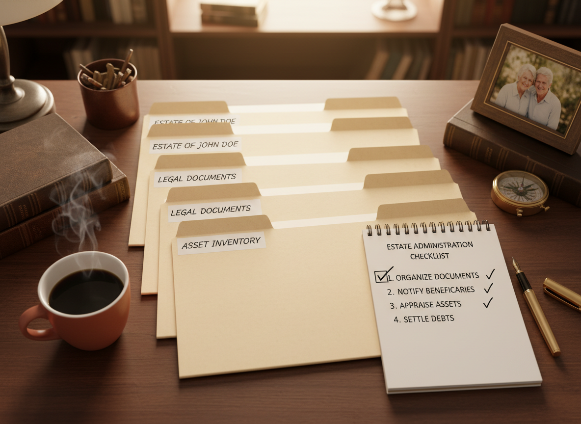 Organized folders and checklist on a desk for estate administration