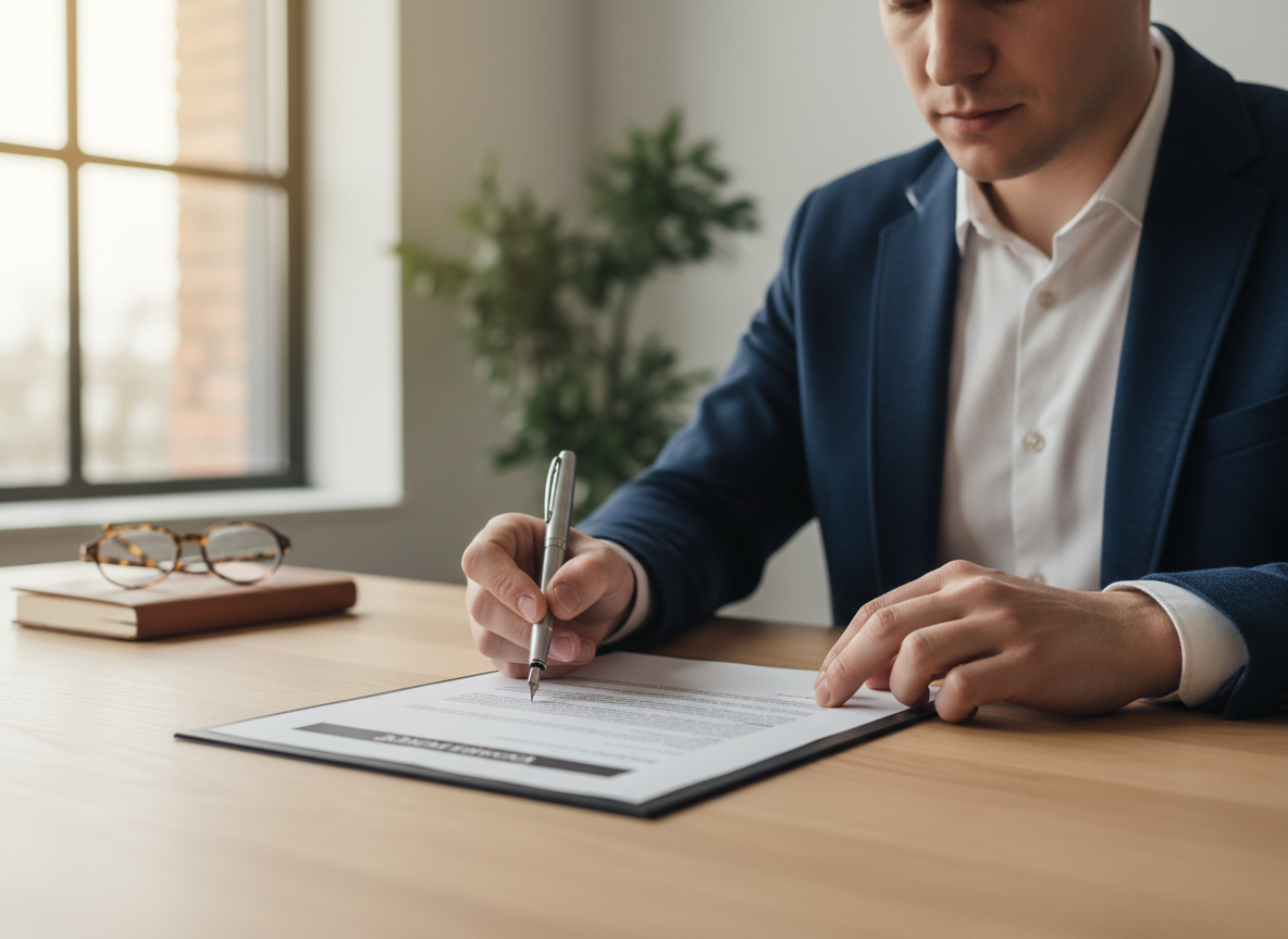 A person carefully reading a contract at a desk